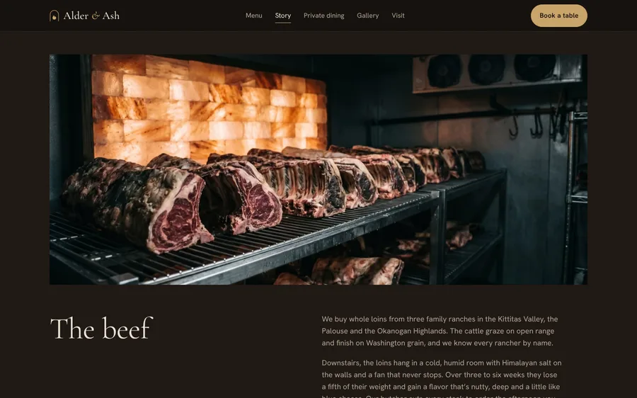 Alder & Ash story page showing the dry-aging room