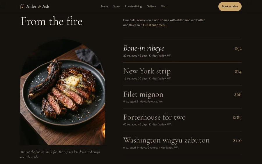 Alder & Ash signature cuts menu beside a sliced ribeye