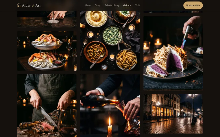 Alder & Ash gallery: a grid of food and dining room photos