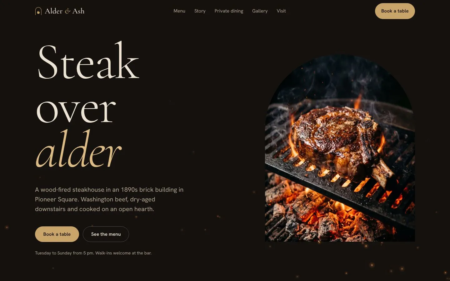 Alder & Ash home page: the headline 'Steak over alder' beside a steak on a wood fire