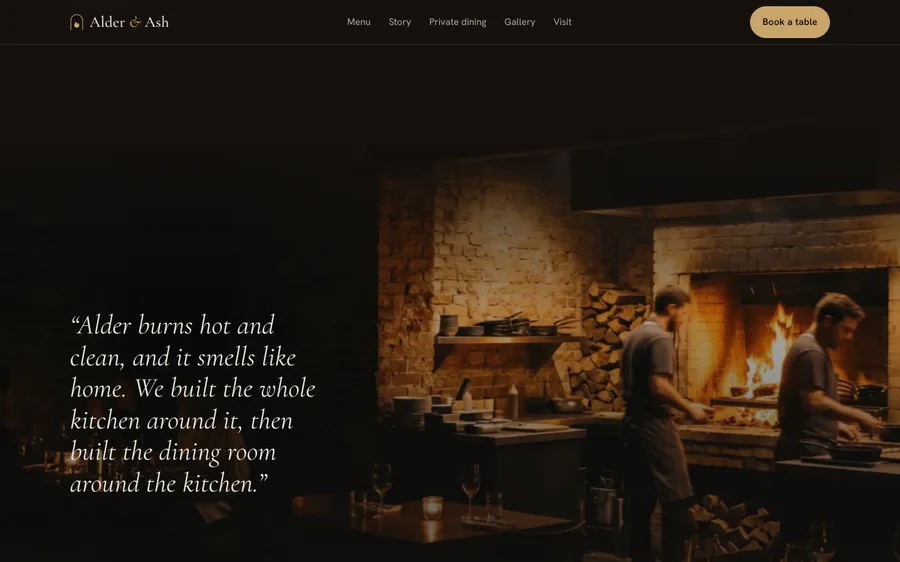 Alder & Ash open kitchen with a quote from the chef