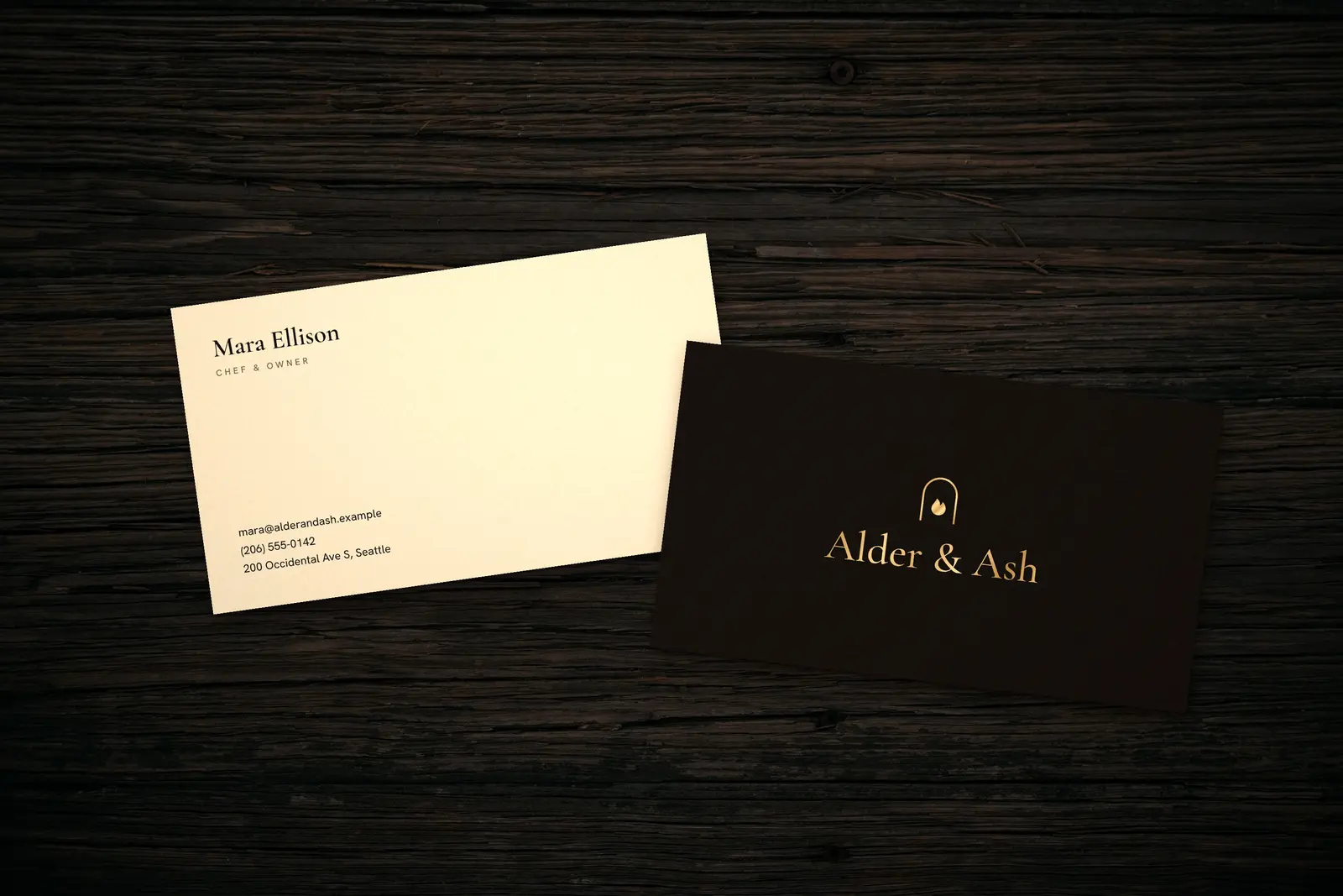 Alder & Ash business cards, front and back