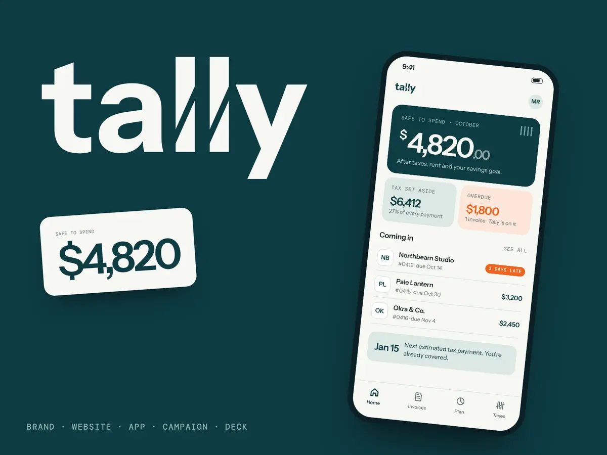 Tally wordmark beside the app home screen showing $4,820 safe to spend