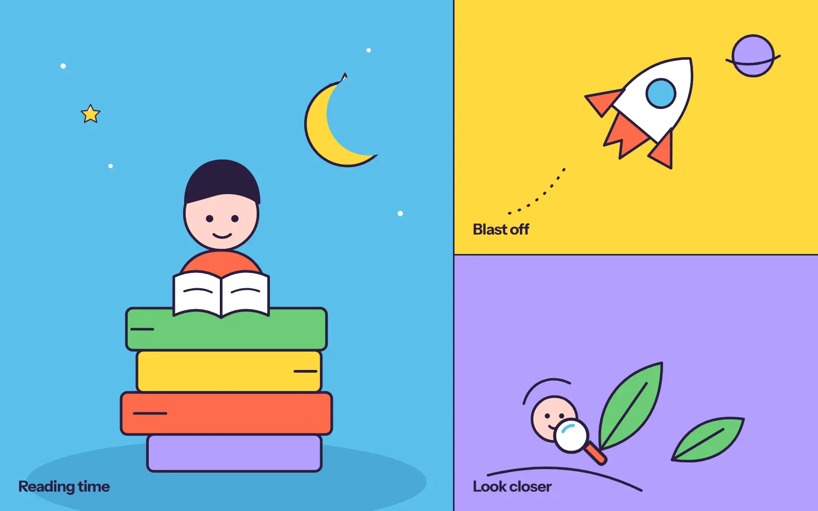 Pebble illustrations: reading time, blast off and look closer