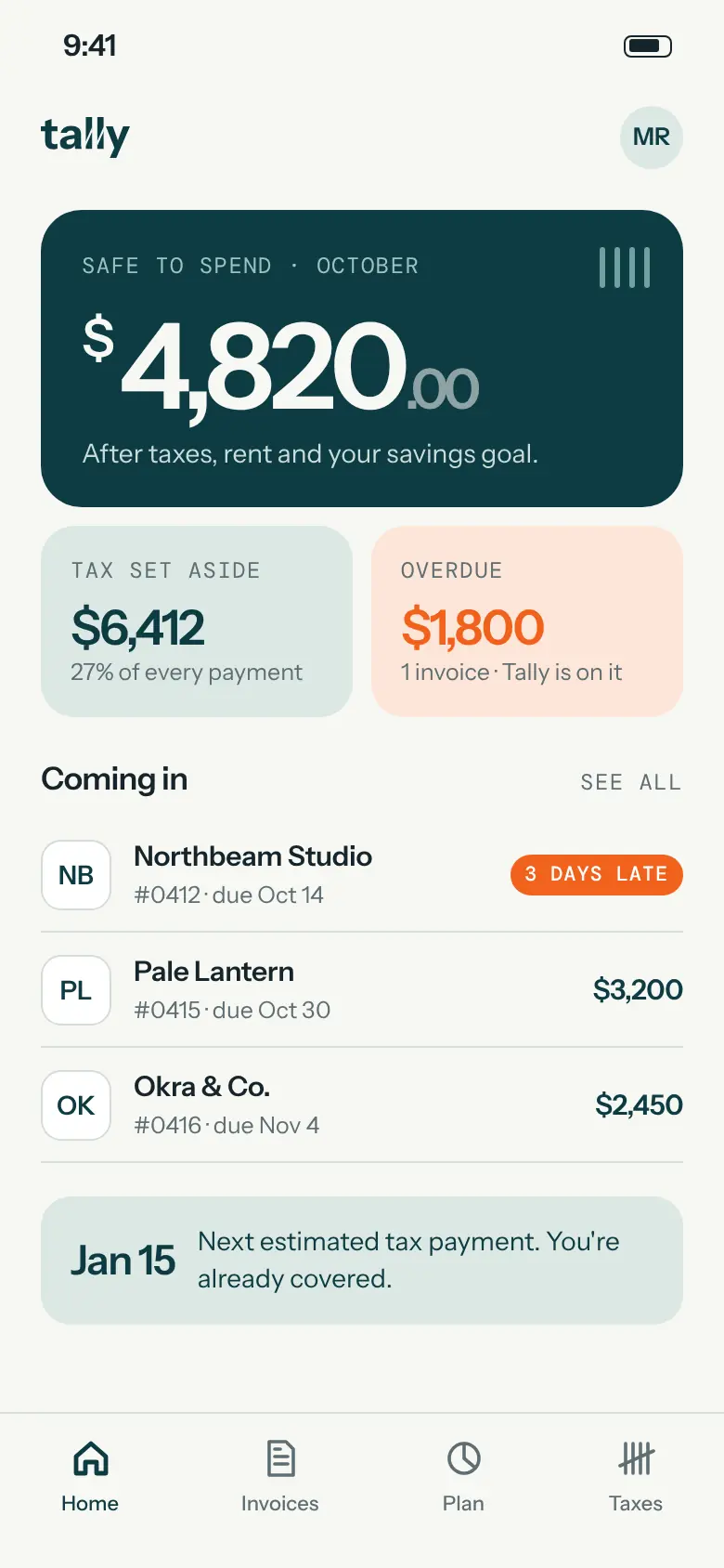 Tally home screen: $4,820 safe to spend