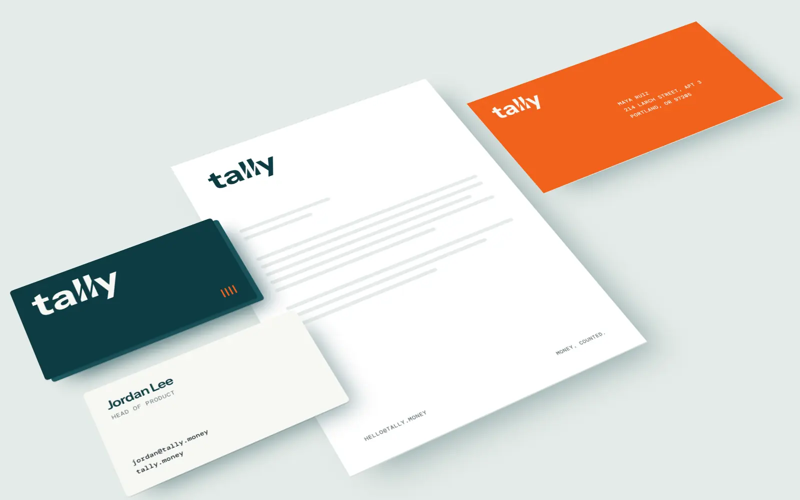 Tally business cards, letterhead and envelope