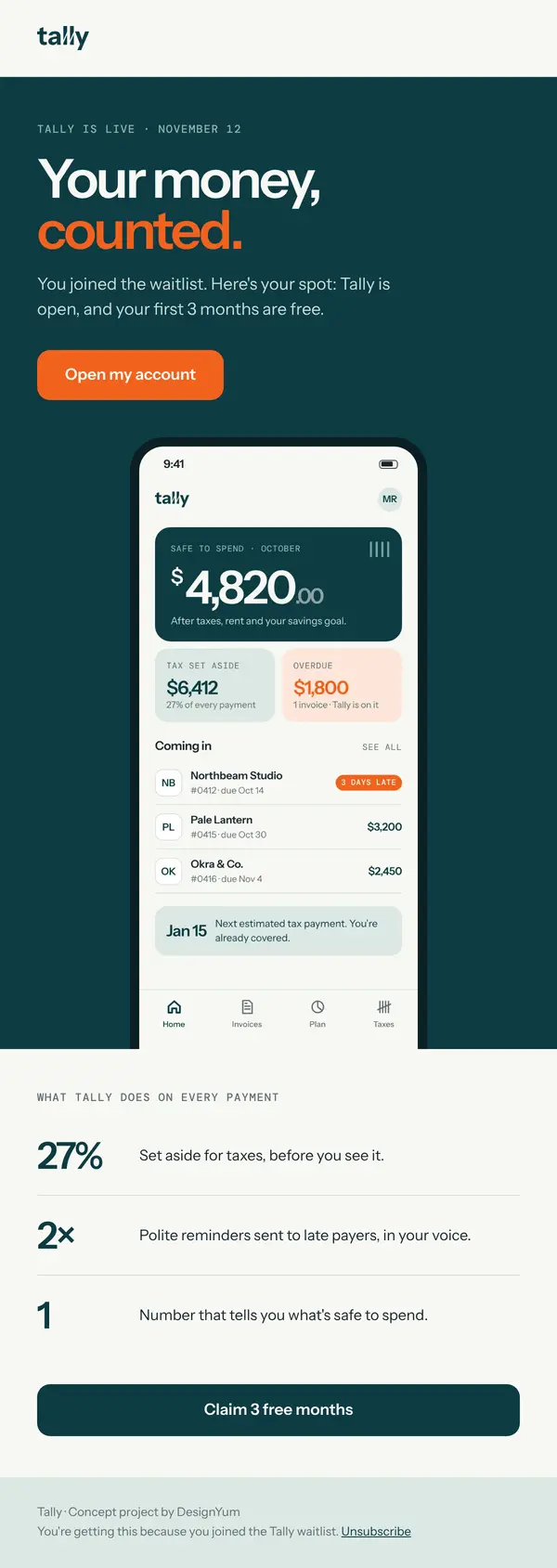 Tally launch email: Your money, counted.